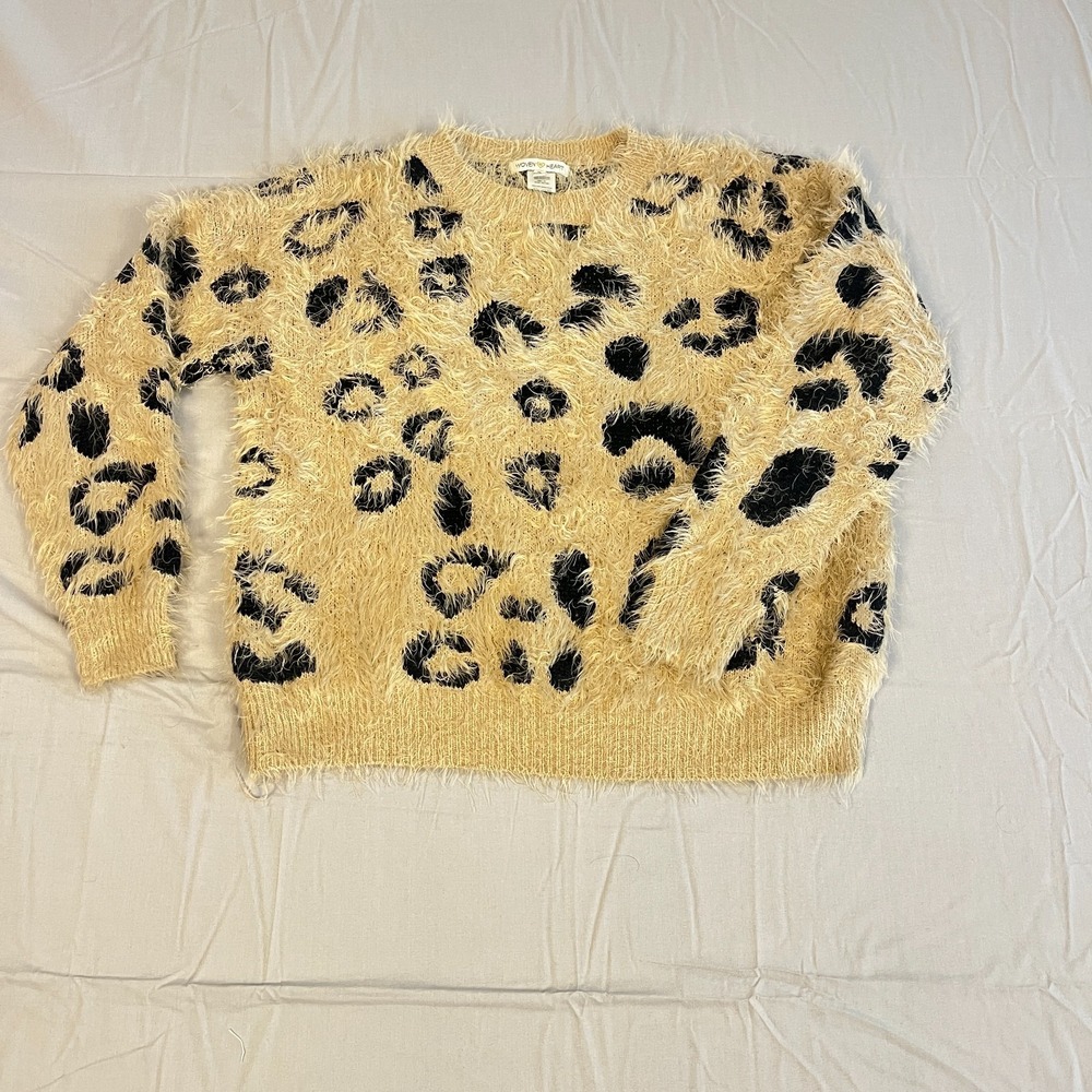 Woven Heart Sweater Womens Small Black Beige Leopard Print Cotton Faux Fur